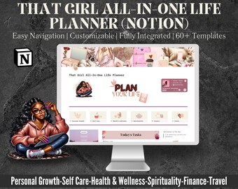 All In One Ultimate Notion Life Planner, Modelo de planejador digital Boss Babe Notion, Planejador estético Notion, Planejador de vida That Girl Notion