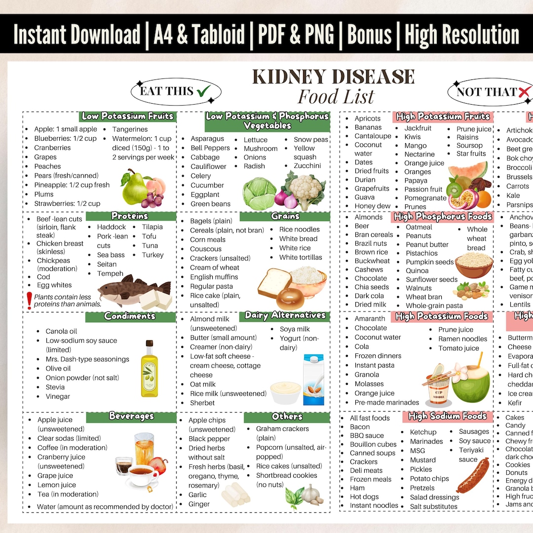 Kidney Food List Printable Digital Poster Stage 3 Kidney Disease Food