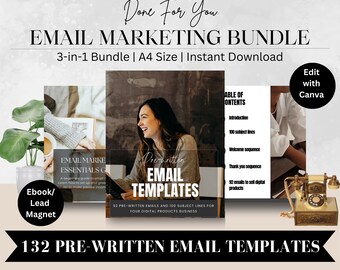May include: A digital marketing bundle with 132 pre-written email templates, a table of contents, and an ebook titled "Email Marketing Essentials Guide". The bundle is available for instant download and can be edited with Canva.