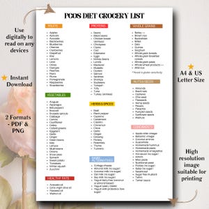 K&ouml;nnte beinhalten: Eine druckbare Einkaufsliste f&uuml;r die PCOS-Di&auml;t. Die Liste ist in Kategorien unterteilt: Obst, Proteine, Vollkornprodukte, N&uuml;sse und Samen, Gew&uuml;rze, Milchalternativen und gesunde Fette. Die Liste enth&auml;lt eine Vielzahl von Lebensmitteln, darunter Obst, Gem&uuml;se, Getreide, N&uuml;sse, Samen und Milchprodukte. Die Liste soll Menschen mit PCOS helfen, ihre Symptome zu bew&auml;ltigen und ihre allgemeine Gesundheit zu verbessern.