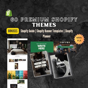 Op de afbeelding: Een digitale productbundel met 60 premium Shopify-thema's, een Shopify-gids, bannertemplates en een Shopify-planner. De bundel wordt gemarkeerd als MRR/PLR.