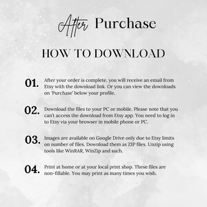 Pode incluir: Um fundo branco com texto preto que explica como baixar arquivos digitais ap&oacute;s a compra no Etsy. O texto inclui instru&ccedil;&otilde;es para baixar arquivos de um computador ou dispositivo m&oacute;vel, bem como informa&ccedil;&otilde;es sobre como acessar os arquivos no Google Drive.