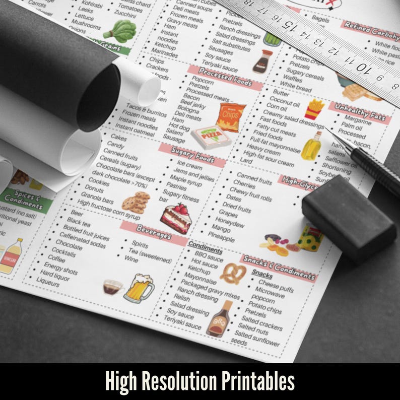 Puede incluir: Un gr&aacute;fico de alimentos detallado con categor&iacute;as como "Alimentos azucarados", "Alimentos procesados" y "Snacks y condimentos". Incluye una regla, un borrador y un bol&iacute;grafo. El texto "High Resolution Printables" est&aacute; en la parte inferior.