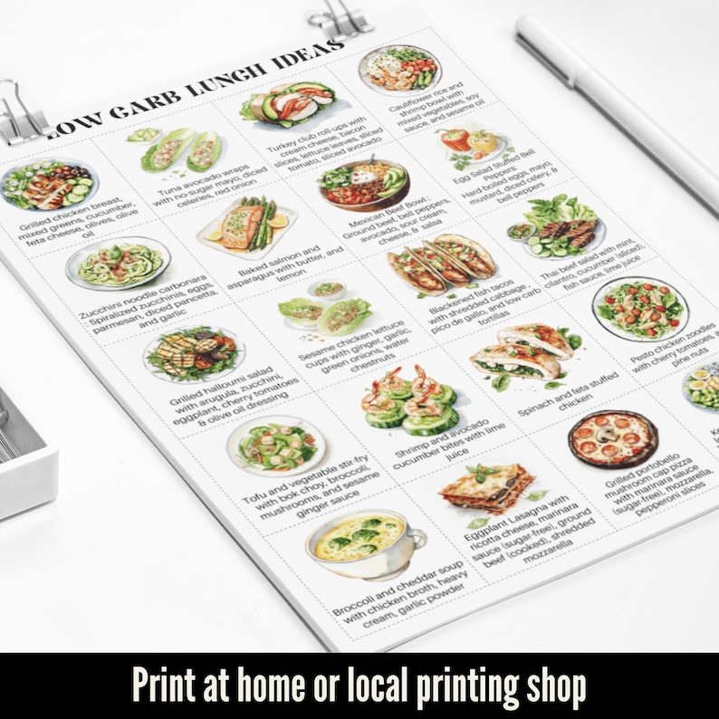 May include: A printable chart with illustrations of low-carb lunch ideas. The chart is divided into a grid with 16 different lunch options, each with a watercolor illustration and a description of the ingredients. The chart includes options like grilled chicken breast, zucchini noodle carbonara, baked salmon, and tofu and vegetable stir fry.
