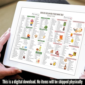 Puede incluir: Una descarga digital que se muestra en una tableta, con una lista detallada de alimentos para controlar la presi&oacute;n arterial alta. La lista categoriza los alimentos en secciones de "Come esto" y "No eso", con frutas, verduras y bocadillos.