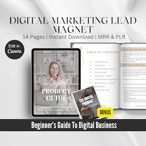 May include: A digital product guide with a table of contents, a woman smiling, and the text "Digital Product Guide: A Quickstart guide to create digital products online".