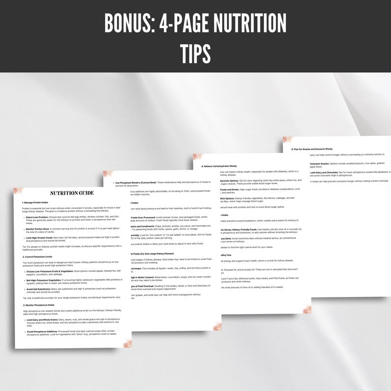 Pode incluir: Um guia de nutri&ccedil;&atilde;o de quatro p&aacute;ginas com dicas para gerenciar a ingest&atilde;o de prote&iacute;nas, os n&iacute;veis de f&oacute;sforo, os carboidratos e os lanches e sobremesas. O guia inclui uma lista de alimentos a evitar e alimentos a comer para a sa&uacute;de dos rins.