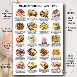 May include: A printable infographic titled "Menopause Breakfast Ideas" displays various breakfast recipes. The image includes waffles, egg muffins, tofu wraps, and other dishes. Text on the image includes "Instant Download" and "A4 & US Letter Size".