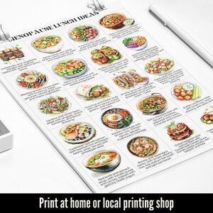 May include: A printed menu titled "MENOPAUSE LUNCH IDEAS" with watercolour illustrations of lunch dishes. Dishes include grilled tofu, tuna nicoise salad, and shrimp tacos. The text at the bottom reads "Print at home or local printing shop."