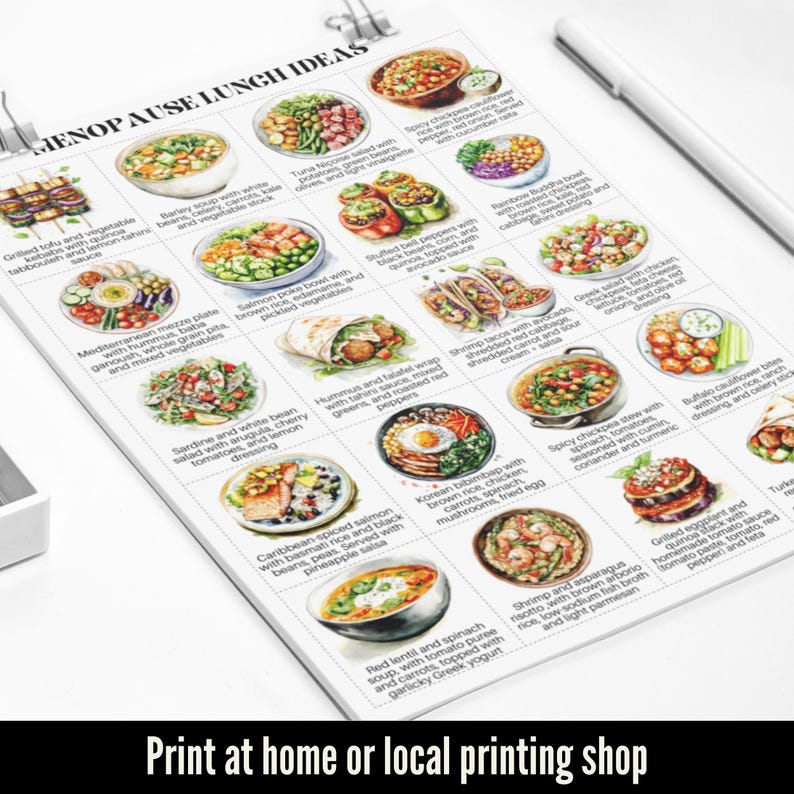 May include: A printed menu titled "MENOPAUSE LUNCH IDEAS" with watercolour illustrations of lunch dishes. Dishes include grilled tofu, tuna nicoise salad, and shrimp tacos. The text at the bottom reads "Print at home or local printing shop."