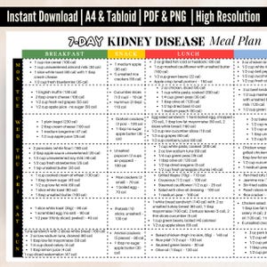 Op de afbeelding: Een 7-daags voedingsschema voor nierziekten met een dagelijkse verdeling van ontbijt-, snack- en lunchopties. Het voedingsschema bevat calorieën voor elk voedingsmiddel.