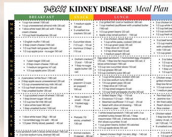 Guia de plano alimentar de 7 dias para rins, PDF para impressão, dieta renal, baixo teor de sódio, baixo teor de potássio, refeições com fósforo, suporte para doença renal crônica
