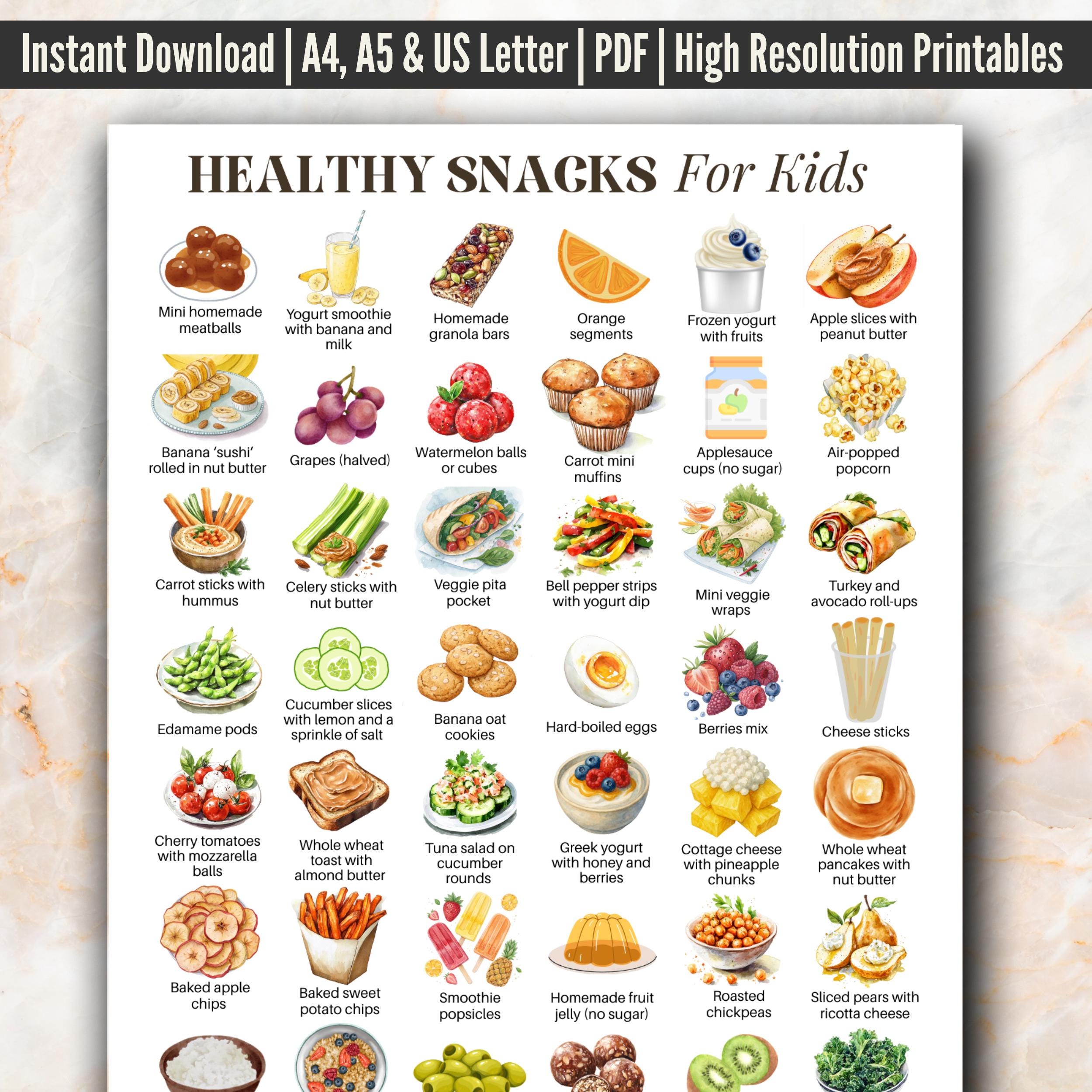 Healthy Snacks For Kids PDF, Quick Snacks For Children Printable, Easy School Snack Ideas, Nutritious Snacks