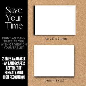 Pode incluir: Imagem com dois pap&eacute;is retangulares brancos sobre um fundo castanho. O papel superior est&aacute; rotulado como "A4: 297 x 210mm" e o inferior como "Letter: 11 x 8.5 polegadas". O texto &agrave; esquerda diz "Save Your Time" e "Imprima quantas vezes quiser".
