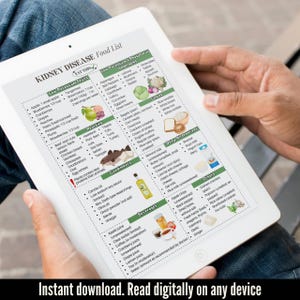 Pode incluir: Um tablet digital que exibe uma lista de alimentos para pessoas com doen&ccedil;a renal. A lista &eacute; dividida em categorias como frutas com baixo teor de pot&aacute;ssio, prote&iacute;nas, vegetais, gr&atilde;os, alternativas l&aacute;cteas, condimentos, bebidas e outros. A lista inclui alimentos espec&iacute;ficos e tamanhos de por&ccedil;&otilde;es.