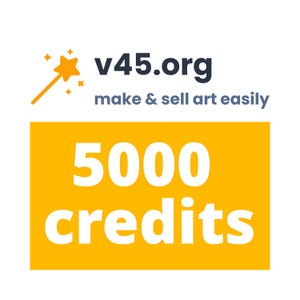 May include: A yellow rectangle with the text "5000 credits" in white. The text "v45.org make & sell art easily" is above the rectangle in black.