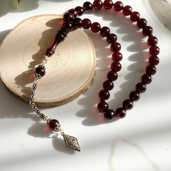Dark Red Amber Tesbih, Dark Red Amber Rosary with 33 Beads for Muslim Prayers, Islamic Amber Rosary, 925K Silver and Tasbeeh/Misbaha/Rosary