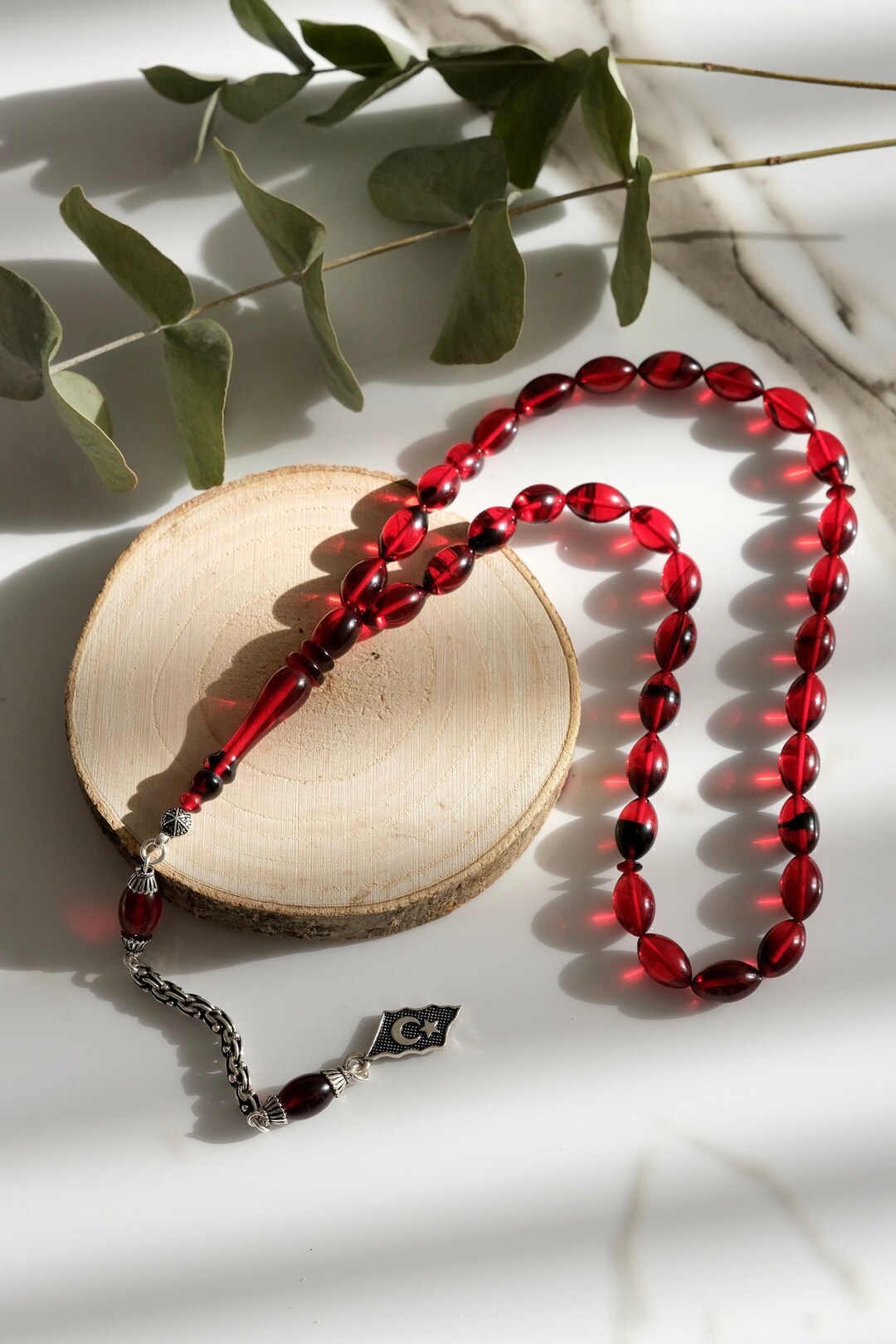 Red Amber Tesbih With Turkish Flag, Red Amber Rosary With 33 Beads for ...
