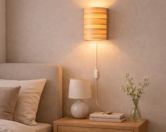 Bedroom Wall Lamp | Ash Veneer Plug In Wall Light | Wooden Bedside Sconce