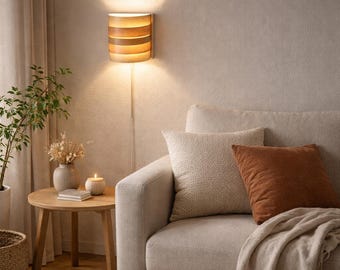 Modern Wooden Wall Lamp | Oak Veneer Wall Light with Cord | Warm Minimalist Lighting