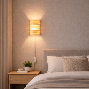 Bedroom Wall Lamp | Maple Veneer Plug In Wall Light | Wooden Bedside Sconce