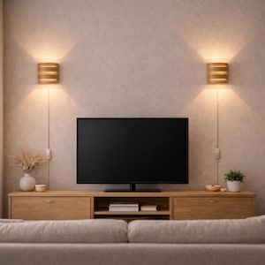 Pair of Oak Veneer Wall Lights | Wooden Accent Lighting | Modern Living Room Decor