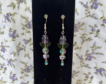 Purple/Pink Tulip Bead Dangles, Handmade Earrings, Cottagecore, Dainty, Gift for Her