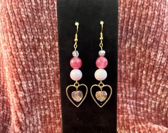 Heart Dangle Earrings, Pink & Purple Heart Earrings, Gift for Her, Valentine&#39;s Day Earring, Wire Earrings, Bead Earrings