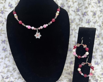 Pink Daisy Necklace, Gift for Her, Dainty Necklace, Earrings Set, Cottagecore, Fairy