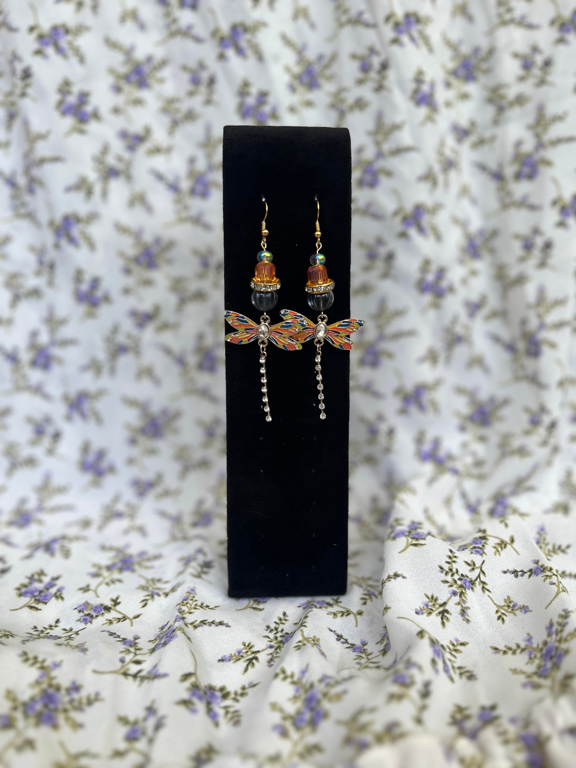 Dragonfly Dangle Earrings, Orange Jewel Dragonfly, Dangle Earrings, Long Earrings, Dainty, Cottagecore