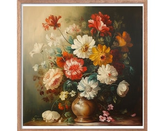 Moody Vintage Flower Print | Dark Floral Still Life Oil Painting ...