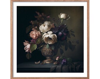 Moody Vintage Flower Print | Dark Floral Still Life Oil Painting ...