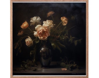 Moody Vintage Flower Print | Dark Floral Still Life Oil Painting ...