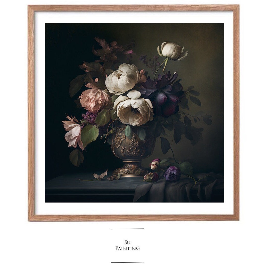 Moody Vintage Flower Print | Dark Floral Still Life Oil Painting ...