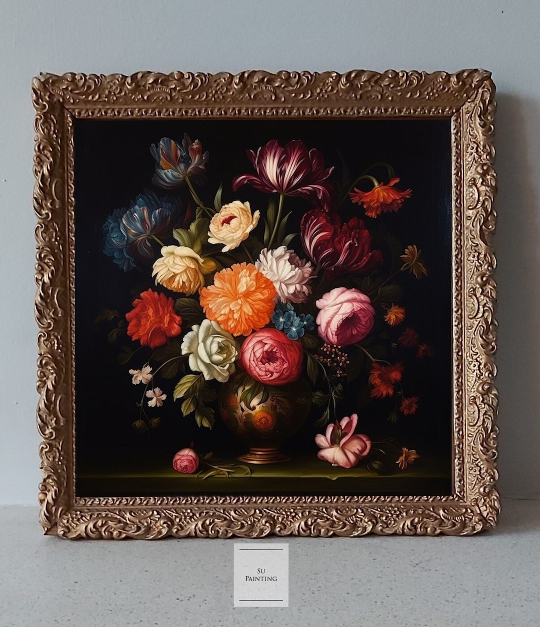Moody Vintage Flower Print | Dark Floral Still Life Oil Painting ...