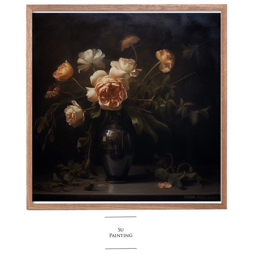 Moody Vintage Flower Print | Dark Floral Still Life Oil Painting ...