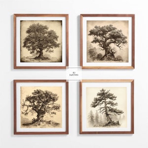Vintage Galerie Wandbild Set | Baum Skizzen Radierung Print | Digital DRUCKBAR