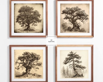 Zestaw wydruków ściennych Vintage Gallery | Wydruki trawione szkicami drzew | Cyfrowe do druku