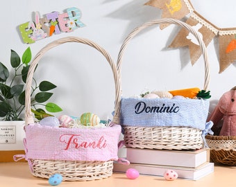 Doublures de panier de Pâques Seersucker avec nom brodé, doublures de panier de Pâques personnalisées, panier pour filles, panier pour garçons, chèque Gingham, cadeau de Pâques