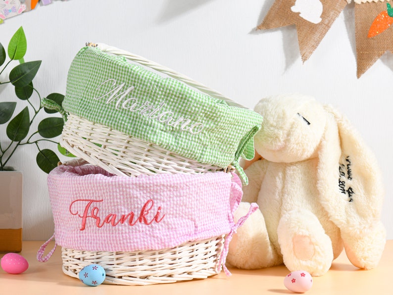 Personalized Easter Basket Liner, Kids Seersucker Fabric Basket Liner Embroidered Name or Monogram, Easter Bunny Tote, Boy & Girl Easter Bag image 10
