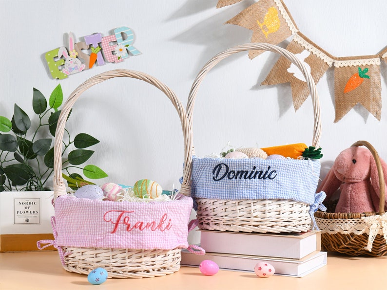Personalized Easter Basket Liner, Kids Seersucker Fabric Basket Liner Embroidered Name or Monogram, Easter Bunny Tote, Boy & Girl Easter Bag image 2