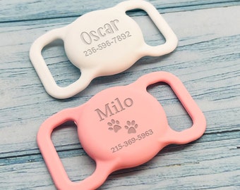 Pet AirTag Collar Holder,Slide on Dog Name Tag,Custom AirTag Cat Collar,Silicone Slient Air Tag Case,Engraved Air Tag Case for Dog Collar