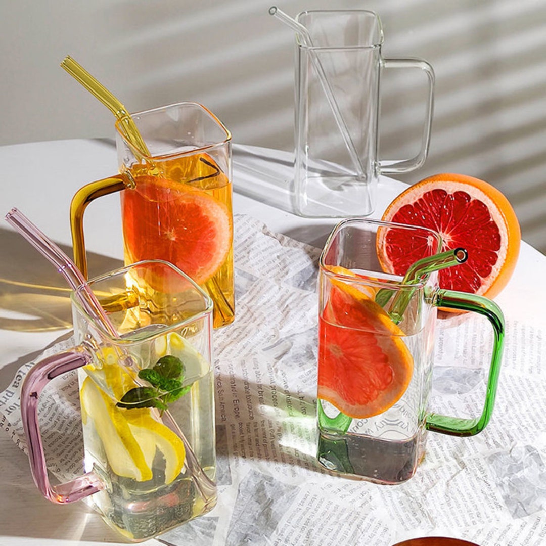 Nordic Square Glass Cup With Glass Straw Colored Handle High Etsy