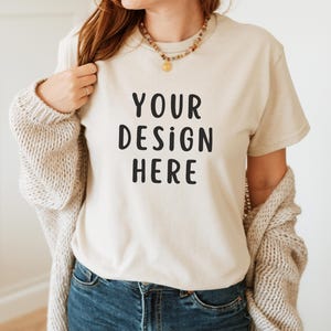 Sand Gildan 5000 T-Shirt Mockup, Heavy Cotton Sand Tee Mockup, Gildan 5000 Model Shirt Mockup, Realistic Gildan 5000 T-Shirt Mockup