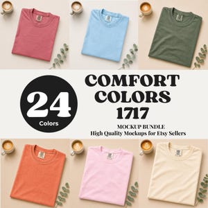 Puede incluir: Una colección de seis camisetas de cuello redondo dobladas en varios colores sólidos, incluyendo rosa, azul claro, verde oliva, naranja, rosa claro y crema. El texto Comfort Colors 1717 Mockup Bundle High Quality Mockups for Etsy Sellers es visible.
