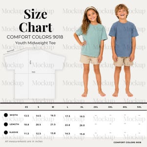 May include: A size chart for Comfort Colors 9018 youth midweight tees. The chart shows measurements in inches for width, length, and sleeve length, ranging from XS to 5XL. Two children are wearing the t-shirts in the image.