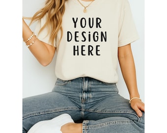 Ivory Comfort Colors 1717 T-shirt mockup, Unisex T-shirt mockup met geverfde details, Comfort Colors shirt mockup, Print-on-demand kleding