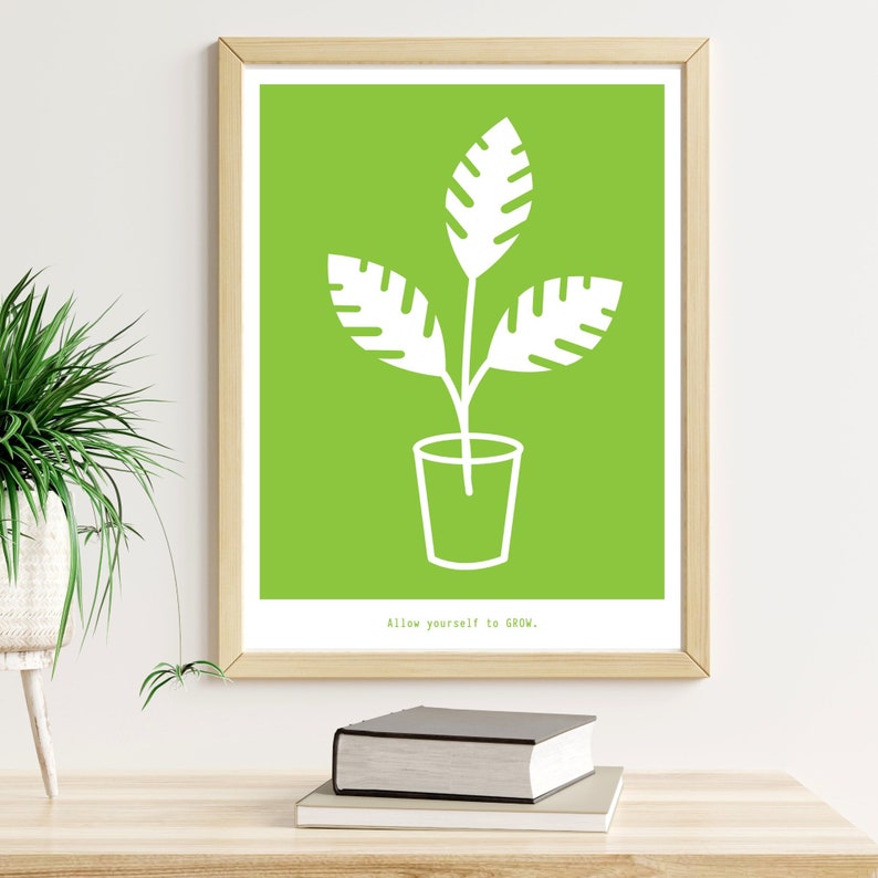 Minimalistic botanical poster with motivational quote Allow yourself to grow, spring green background with white silhouette illustration of a pot plant