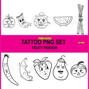 May include: A set of 10 black and white line drawings of various fruits with cartoon faces. The fruits include a tomato, banana, watermelon, sugarcane, cucumber, pear, strawberry, and a pumpkin. The title "TATTOO PNG SET FRUITY FRIENDS VOL. 1" is at the top of the image.
