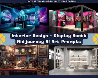 以下が含まれることがあります： Midjourney AIアートプロンプトを使用して生成された、インテリアデザインの展示ブースの4つの異なるコンセプト。最初のブースは、大きく光る抽象的な球体を特徴としています。2番目のブースは、ピンクとブルーのカラーリングを施した、カラフルでモダンなデザインです。3番目のブースは、木製のデスクと多くの時計を備えた、スチームパンク風のデザインです。4番目のブースは、白い壁と棚を備えたミニマルなデザインです。